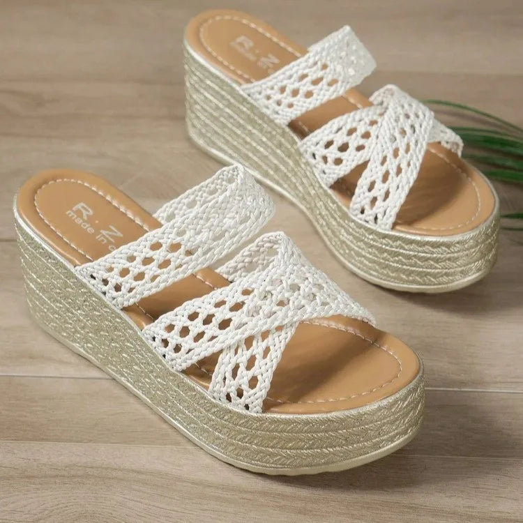Elegant Beach Style Hollow Thick Sole Slides Platform Flip Flops Wedge Heels