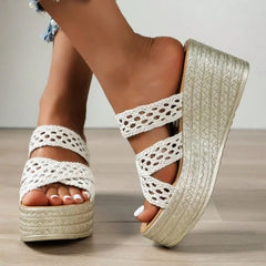 Elegant Beach Style Hollow Thick Sole Slides Platform Flip Flops Wedge Heels