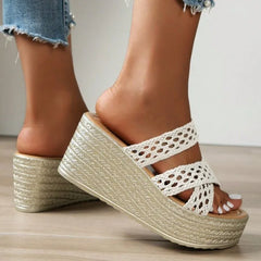 Elegant Beach Style Hollow Thick Sole Slides Platform Flip Flops Wedge Heels