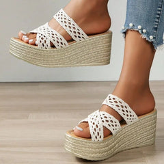 Elegant Beach Style Hollow Thick Sole Slides Platform Flip Flops Wedge Heels