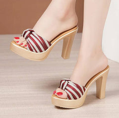 Bohemian Beach Style Open Head Bow Stripe Slides High Heels Sandals