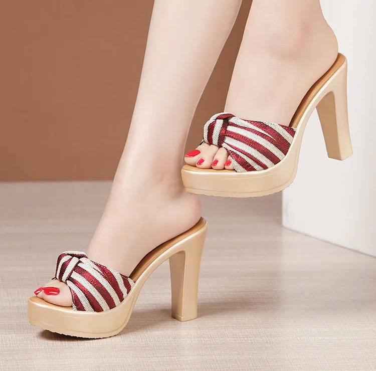 Bohemian Beach Style Open Head Bow Stripe Slides High Heels Sandals