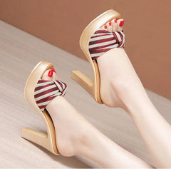 Bohemian Beach Style Open Head Bow Stripe Slides High Heels Sandals
