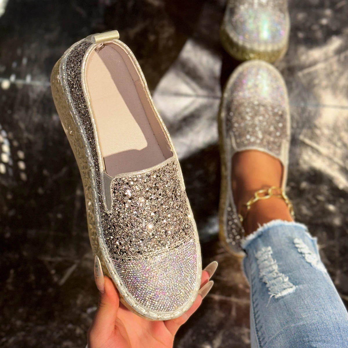 Elegant Bling Sequined Flat With Slip Slip-On Flats Loafers Shoes