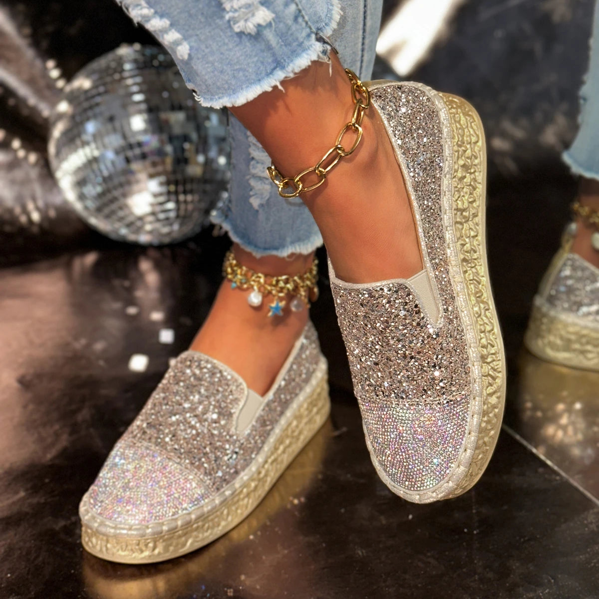 Elegant Bling Sequined Flat With Slip Slip-On Flats Loafers Shoes