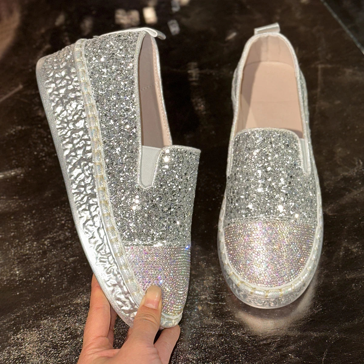 Elegant Bling Sequined Flat With Slip Slip-On Flats Loafers Shoes