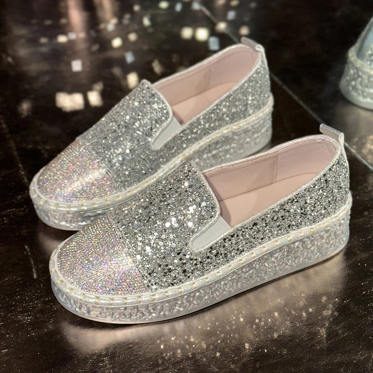 Elegant Bling Sequined Flat With Slip Slip-On Flats Loafers Shoes