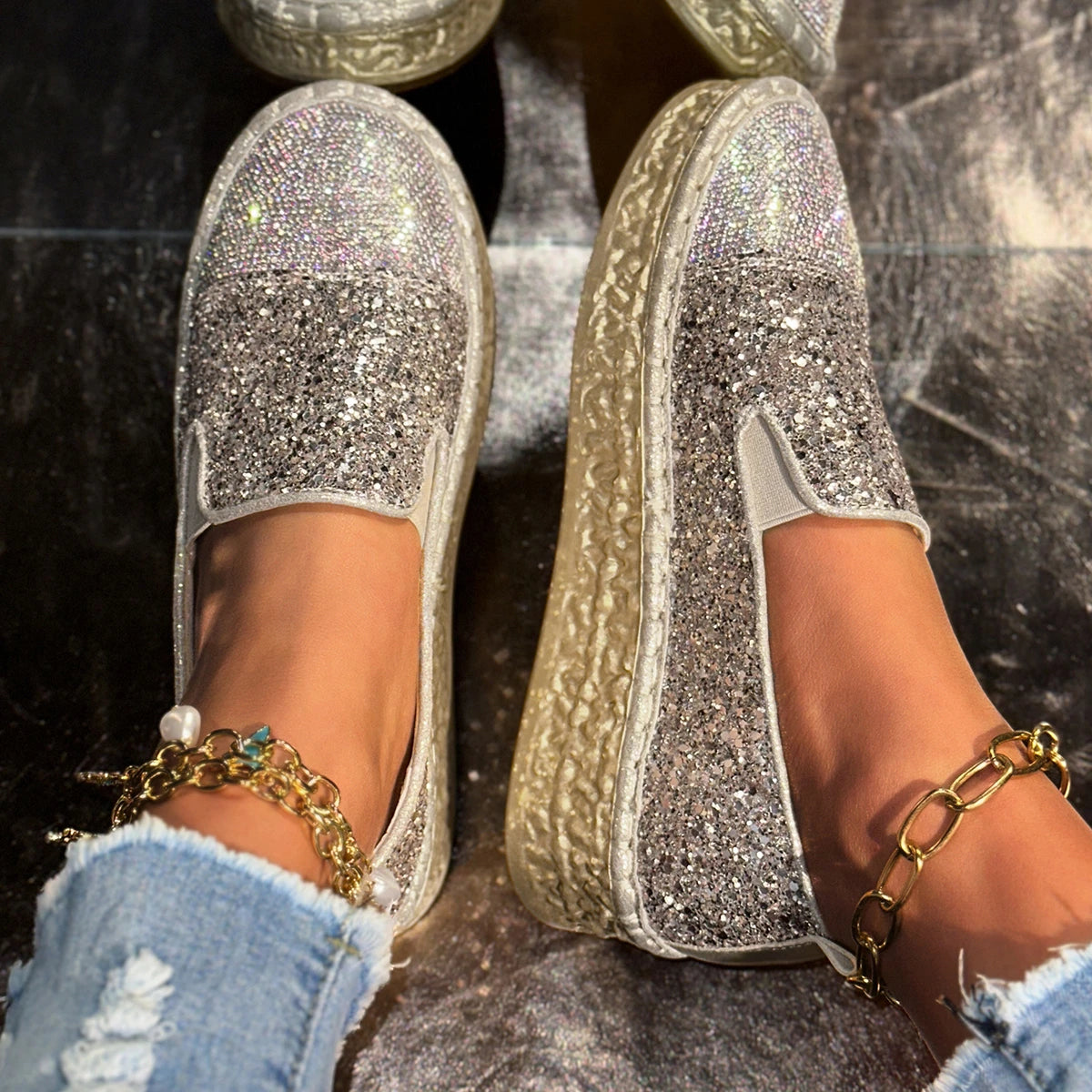 Elegant Bling Sequined Flat With Slip Slip-On Flats Loafers Shoes