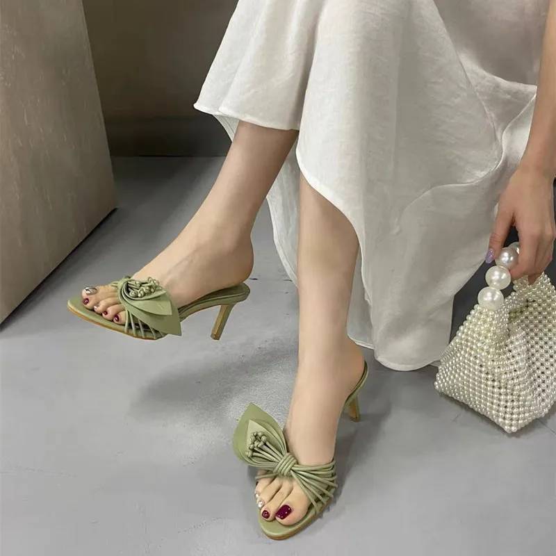Elegant Bowknot Narrow Band Mules Slides High Heels Sandals