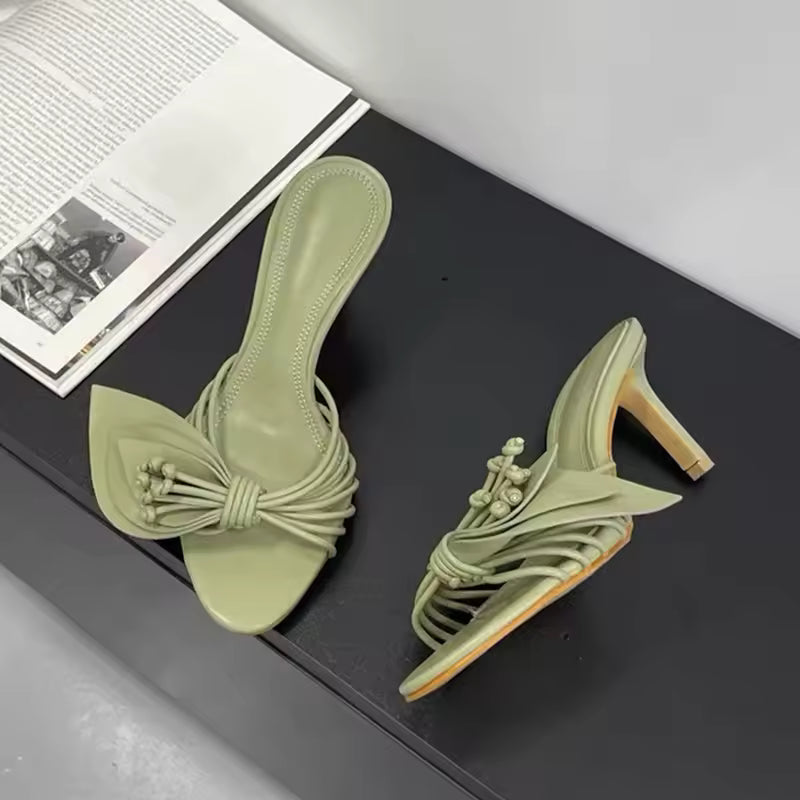 Elegant Bowknot Narrow Band Mules Slides High Heels Sandals
