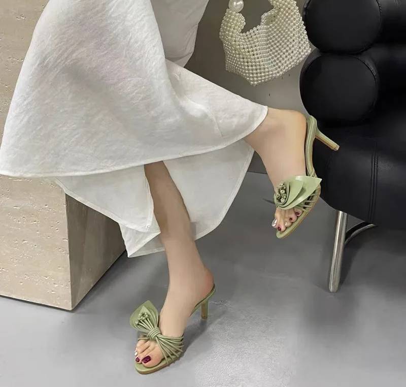 Elegant Bowknot Narrow Band Mules Slides High Heels Sandals