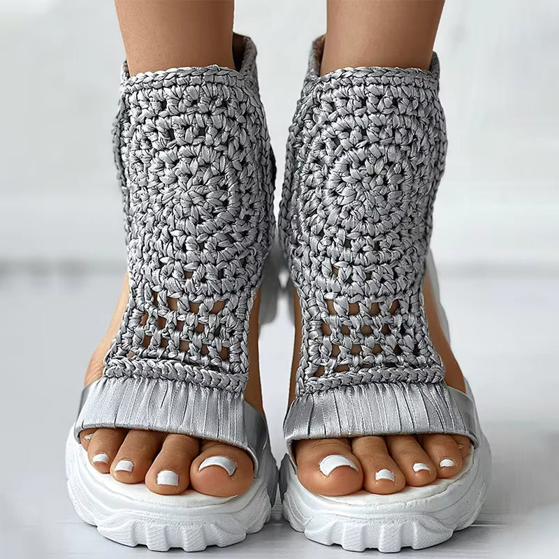 Elegant Braided Geometric Wedge Knitted Elastic Mesh Flat Hollow Shoes