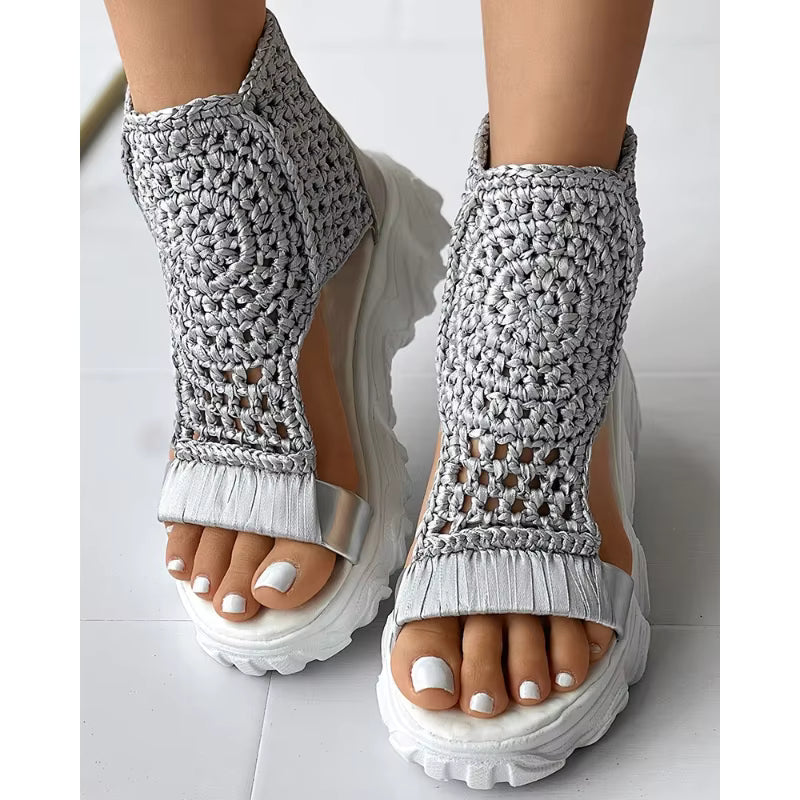 Elegant Braided Geometric Wedge Knitted Elastic Mesh Flat Hollow Shoes