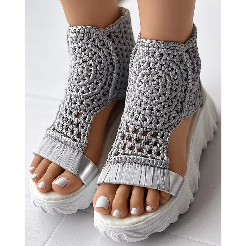 Elegant Braided Geometric Wedge Knitted Elastic Mesh Flat Hollow Shoes