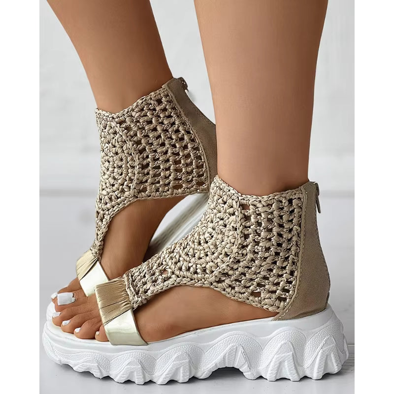 Elegant Braided Geometric Wedge Knitted Elastic Mesh Flat Hollow Shoes