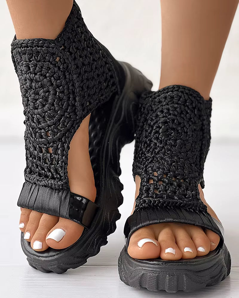 Elegant Braided Geometric Wedge Knitted Elastic Mesh Flat Hollow Shoes