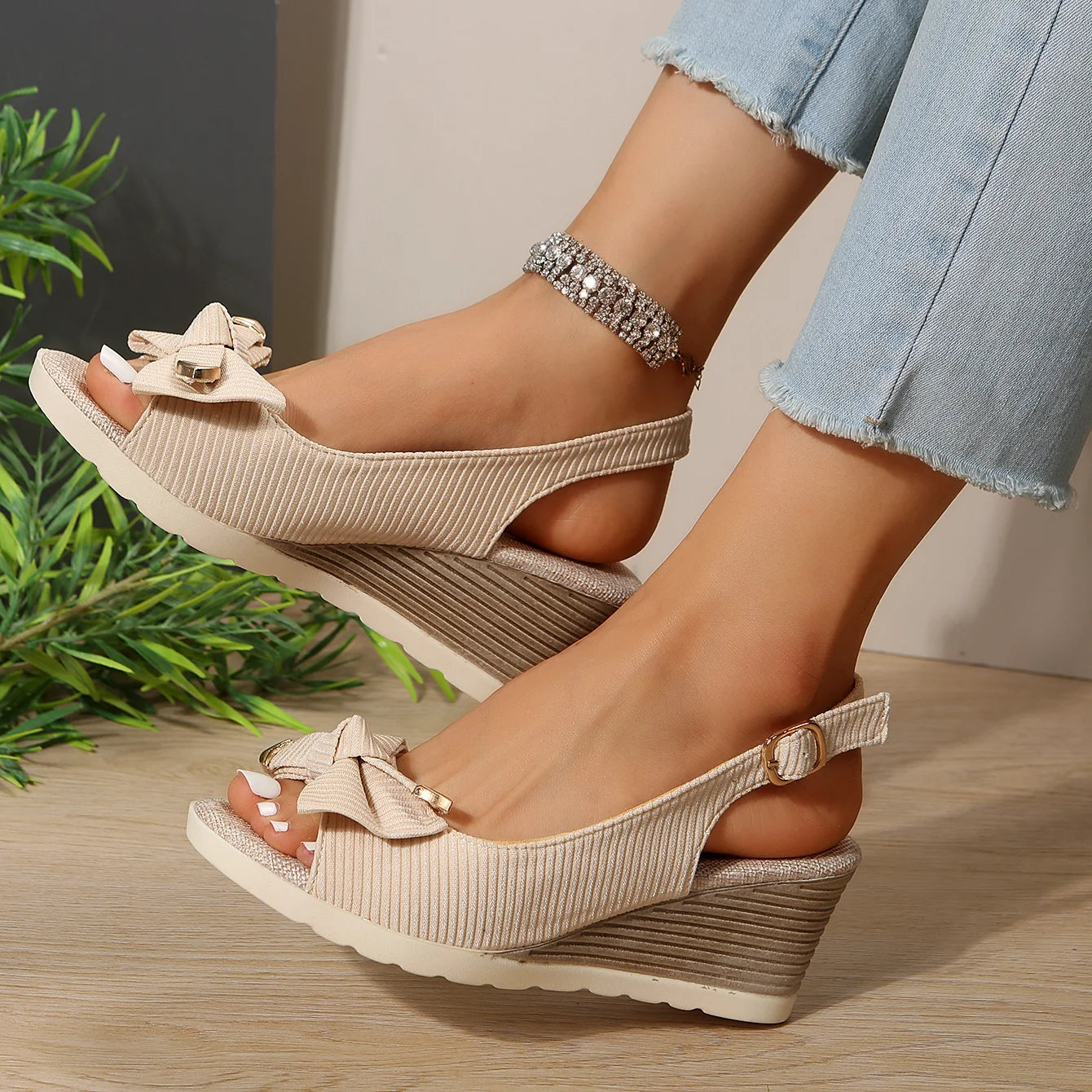 Elegant Buckle Peep Toe Comfort Lightweight High Heels Wedges Sandals