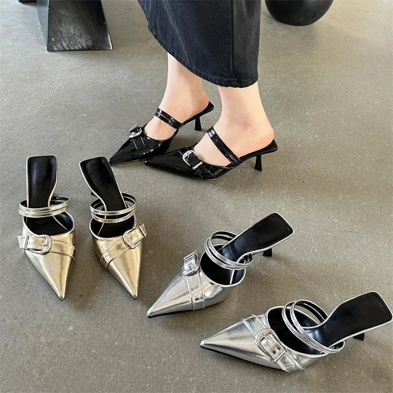 Elegant Buckle Strap Design Pointed Toe Shallow Kitten High Heel