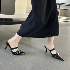 Elegant Buckle Strap Design Pointed Toe Shallow Kitten High Heel
