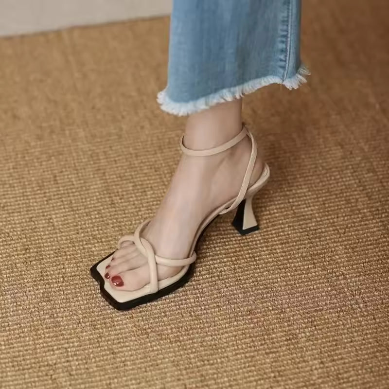 Elegant Buckle Strap Narrow Band Ankle Strap High Square Toe Heel Sandals