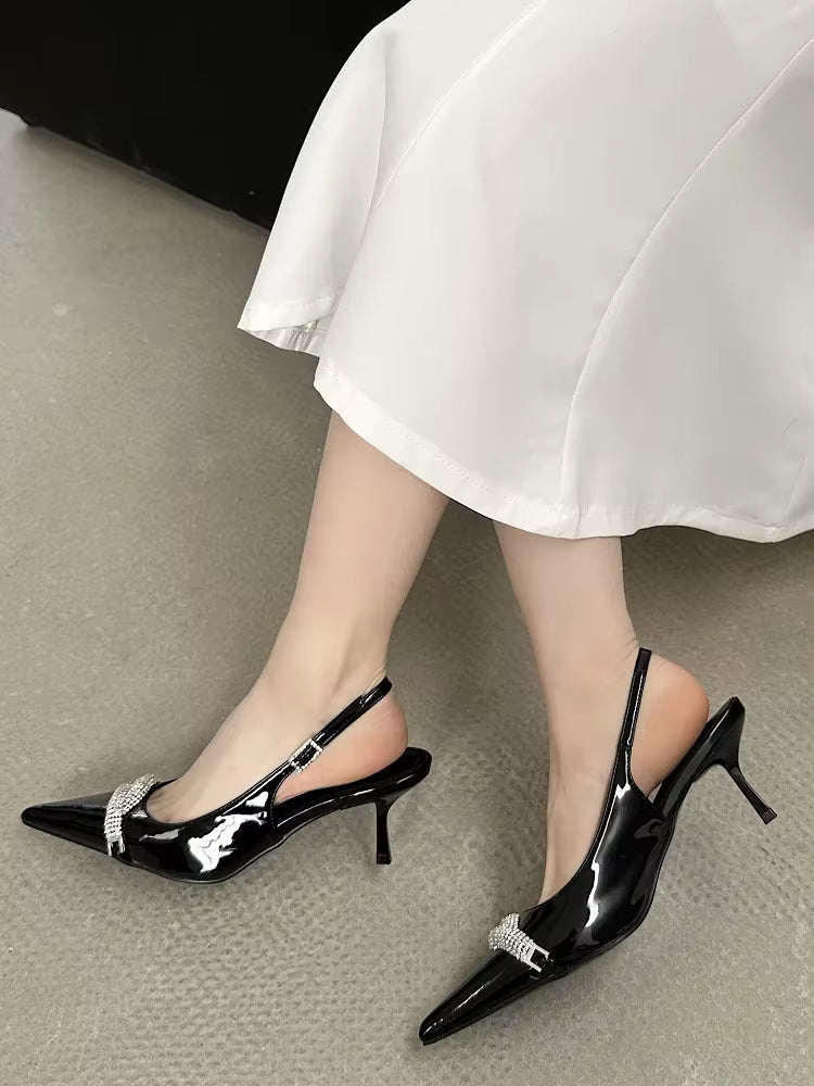 Elegant Buckle Strap Pointed Toe Crystal Wedding Mules Low Heels