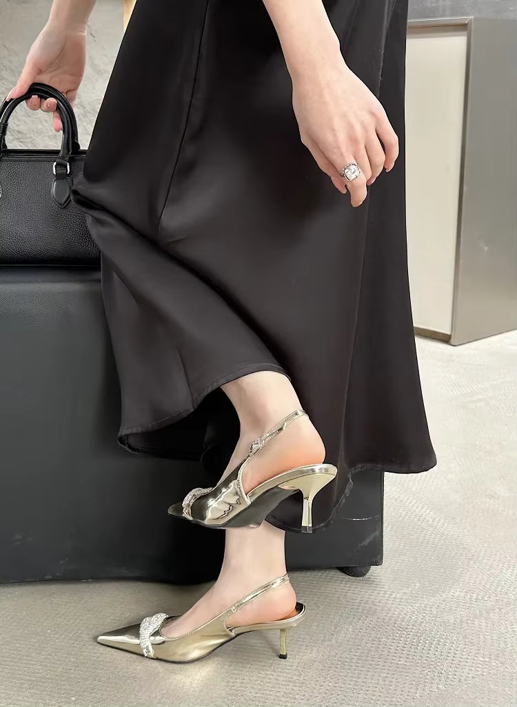 Elegant Buckle Strap Pointed Toe Crystal Wedding Mules Low Heels