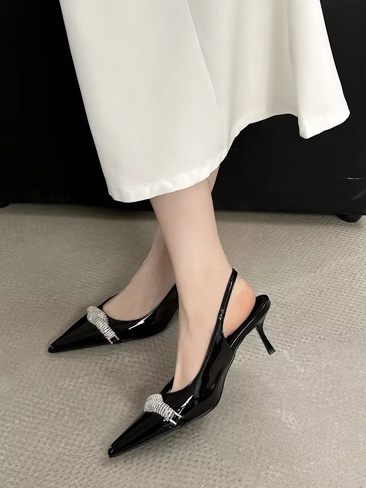 Elegant Buckle Strap Pointed Toe Crystal Wedding Mules Low Heels