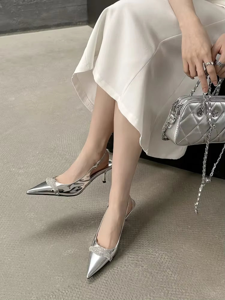 Elegant Buckle Strap Pointed Toe Crystal Wedding Mules Low Heels