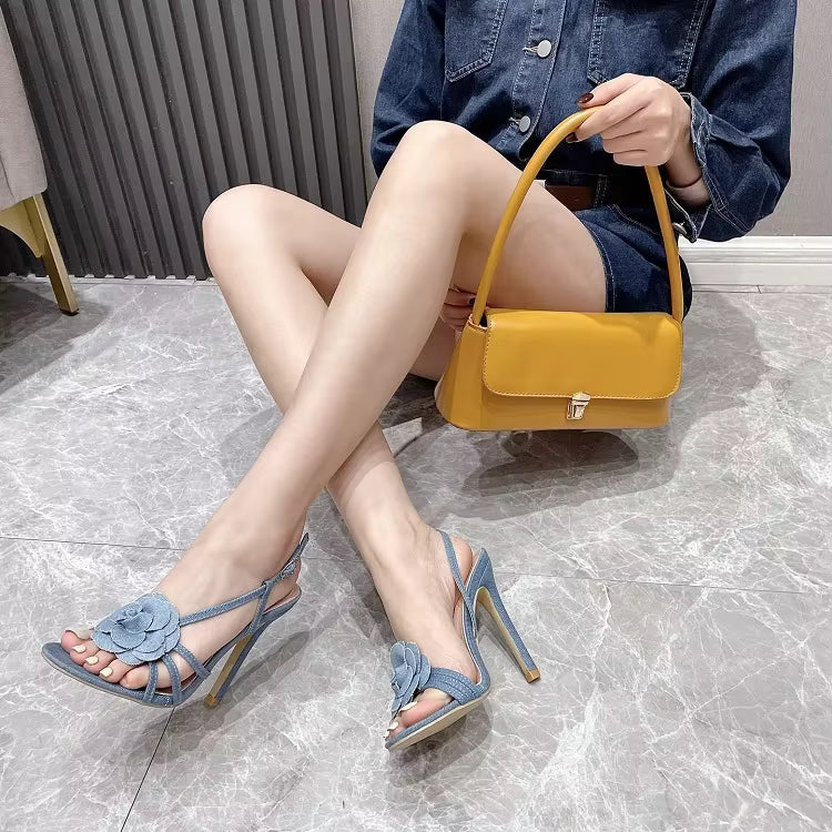 Elegant Buckle Strap Round Toe Stripper Party Flower Thin Pump High Heels
