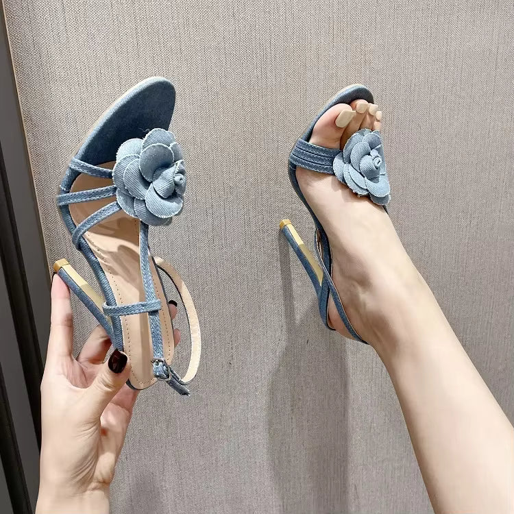 Elegant Buckle Strap Round Toe Stripper Party Flower Thin Pump High Heels