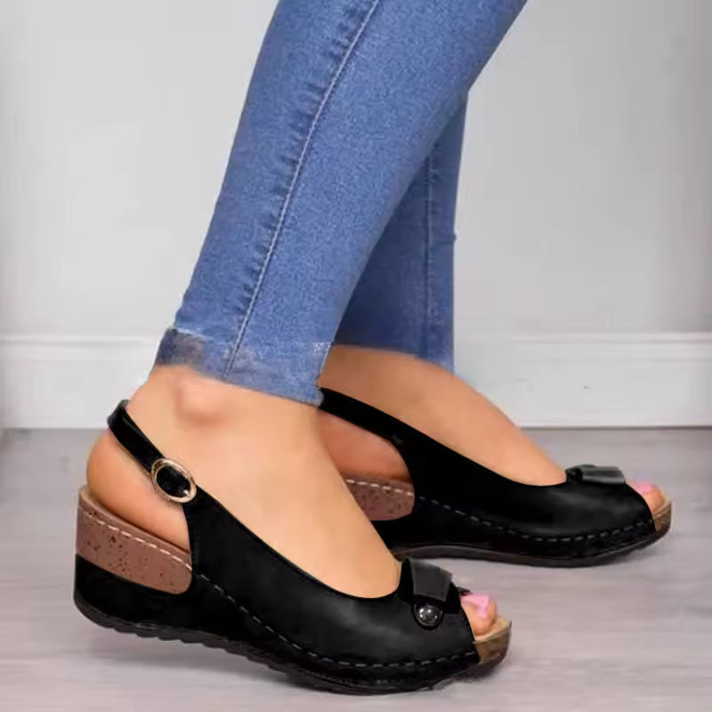 Elegant Buckle Strap Street Style Sewing Peep Toe Platform Wedges Heels Sandals