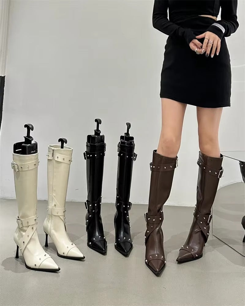 Elegant Buckle Zip Pointed Toe Thin High Heel Boots
