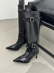 Elegant Buckle Zip Pointed Toe Thin High Heel Boots