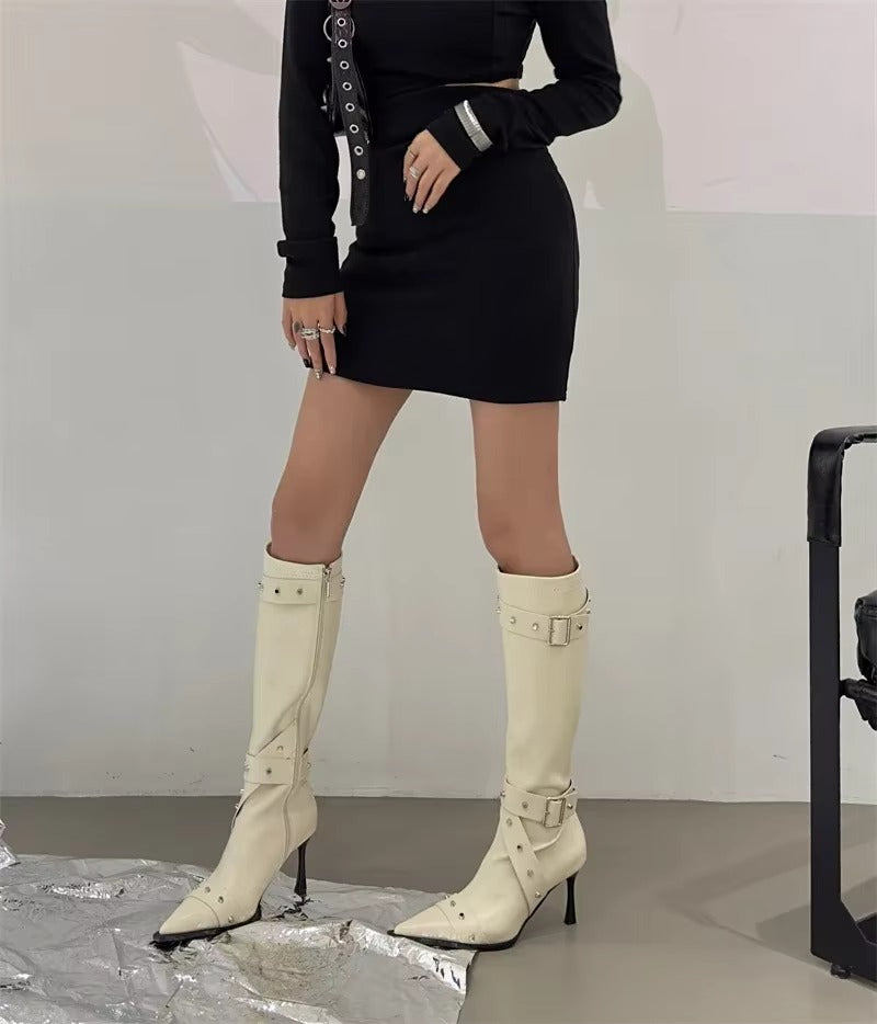 Elegant Buckle Zip Pointed Toe Thin High Heel Boots