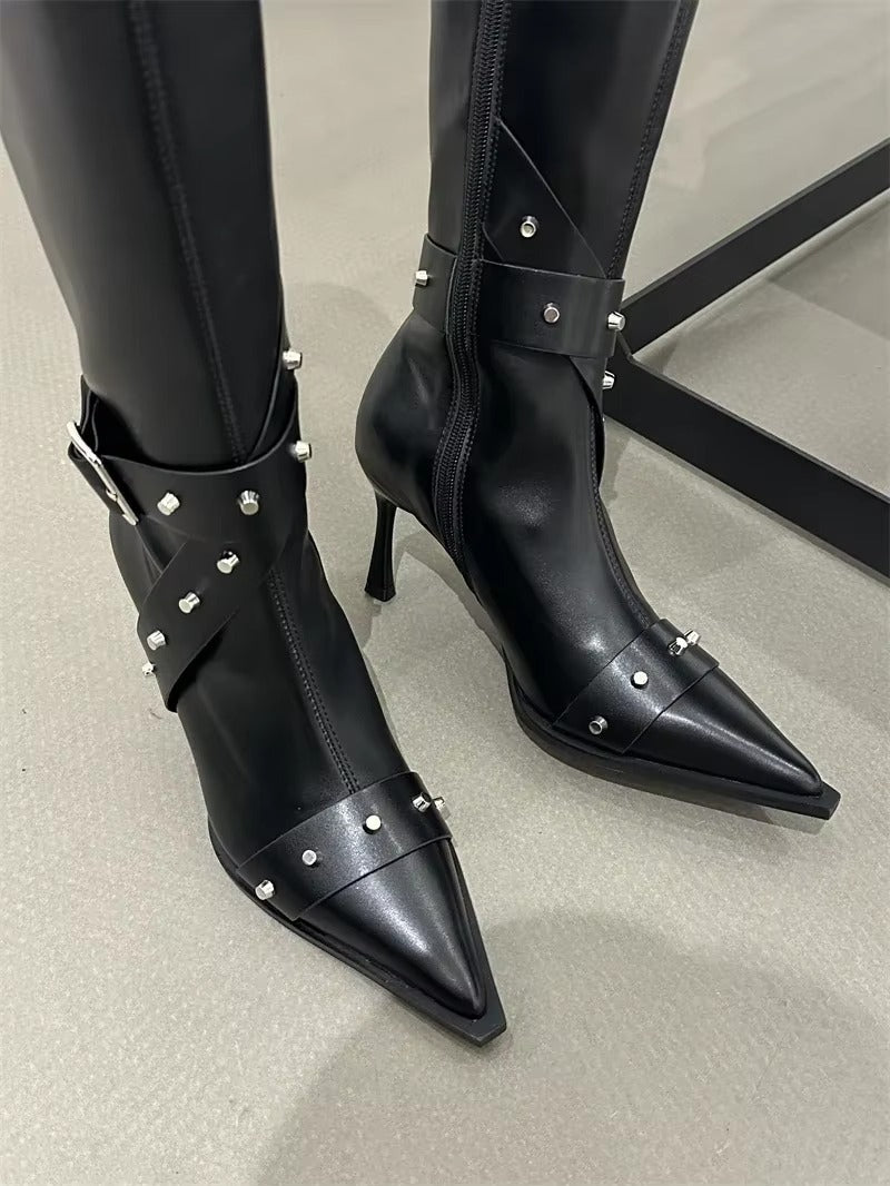 Elegant Buckle Zip Pointed Toe Thin High Heel Boots