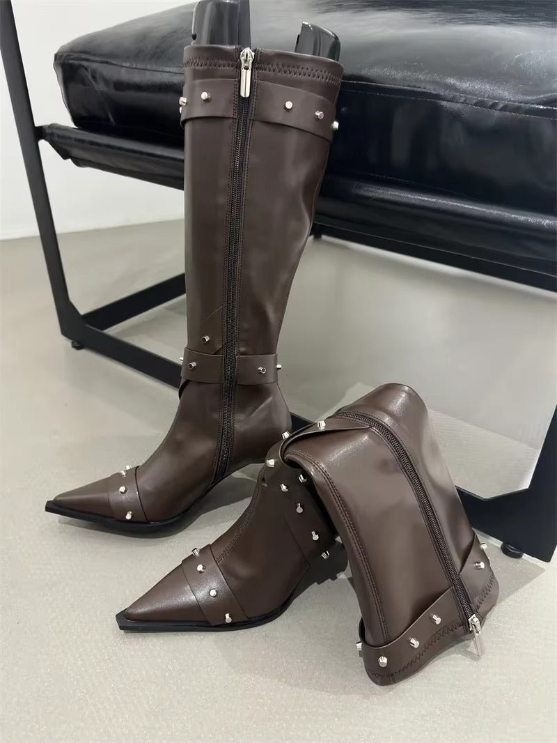 Elegant Buckle Zip Pointed Toe Thin High Heel Boots