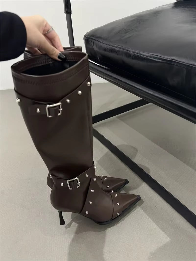 Elegant Buckle Zip Pointed Toe Thin High Heel Boots
