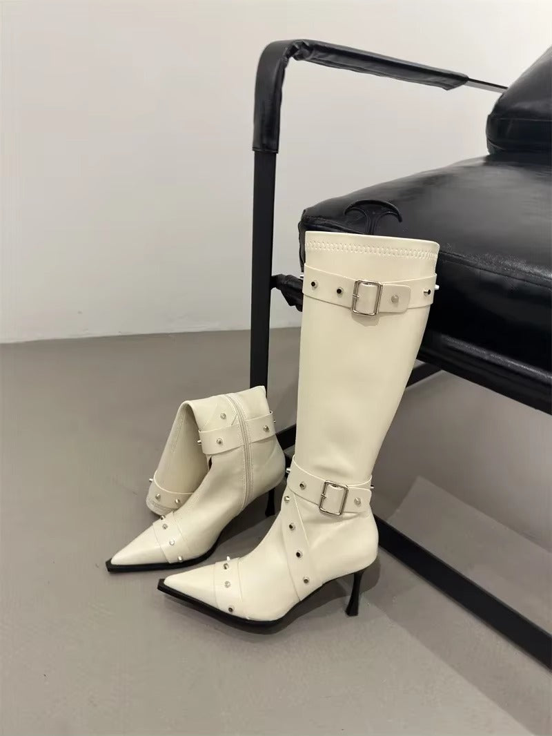 Elegant Buckle Zip Pointed Toe Thin High Heel Boots