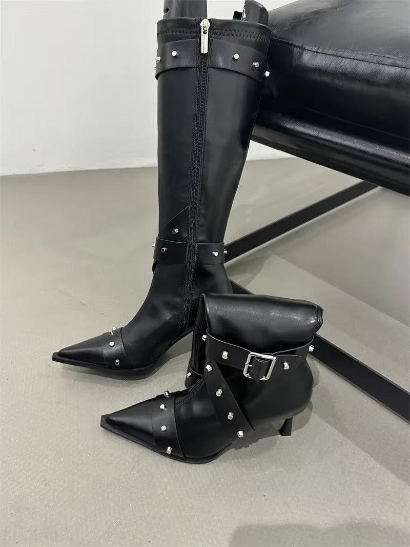 Elegant Buckle Zip Pointed Toe Thin High Heel Boots