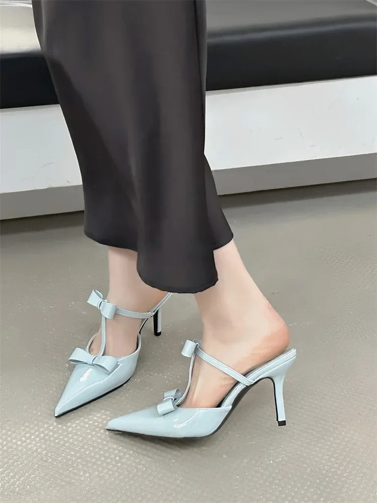 Elegant Butterfly-Knot Patent Leather Pointed Toe Fashion Thin High Heels