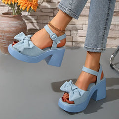Elegant Butterfly-knot Comfortable Bow Thick High Heel Sandals