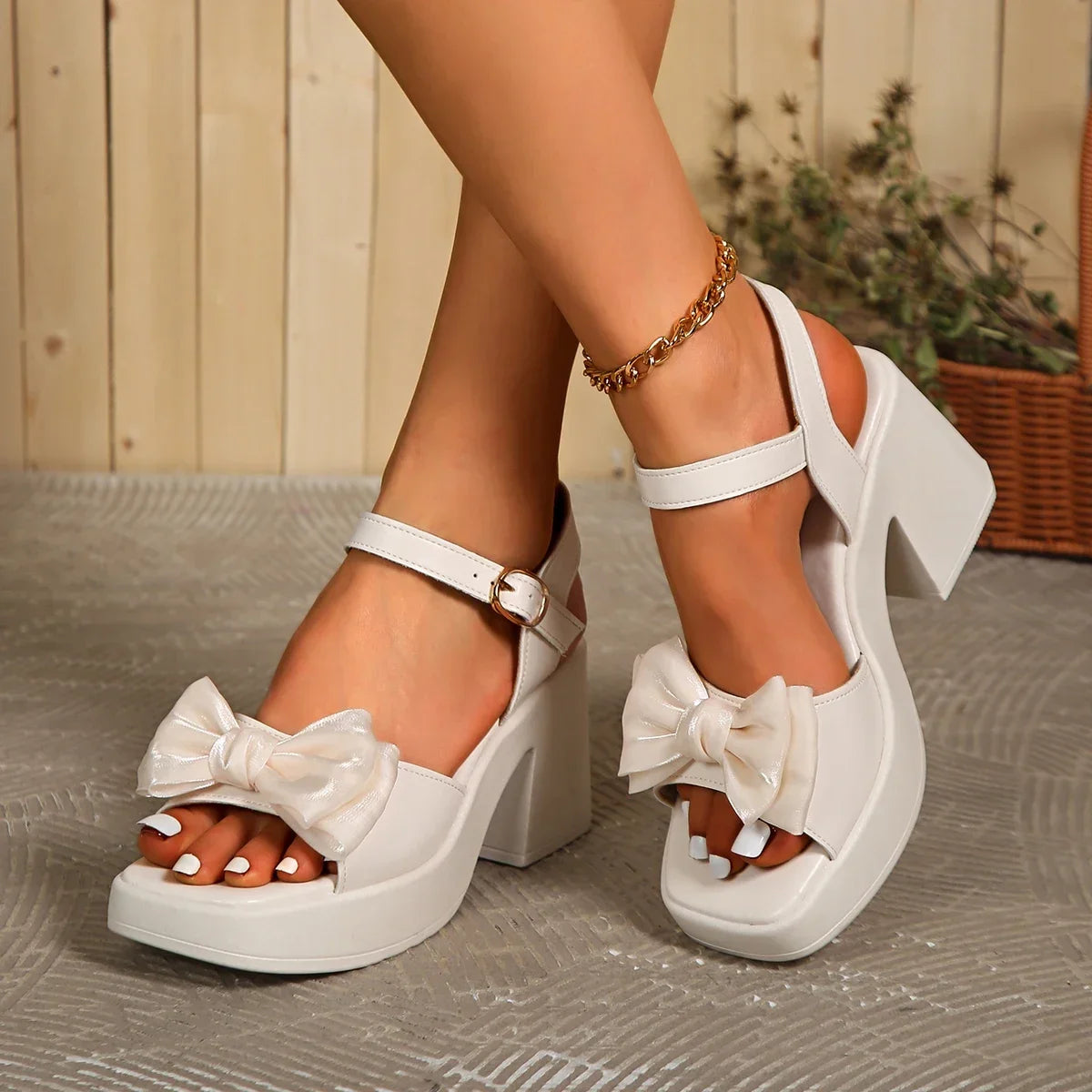 Elegant Butterfly-knot Comfortable Bow Thick High Heel Sandals