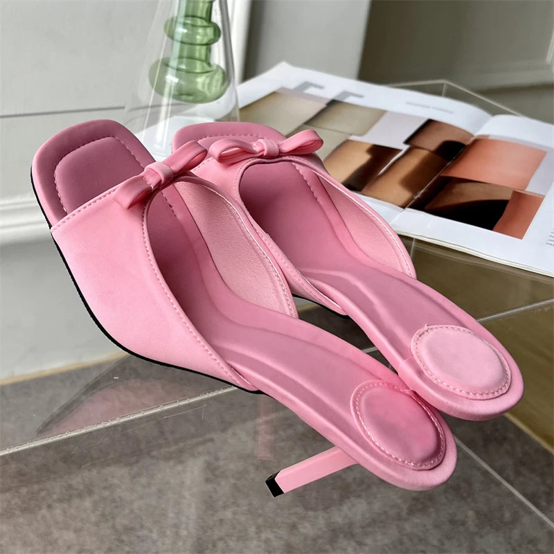 Elegant Butterfly-knot Satin Slip On Thin High Heel Sandal
