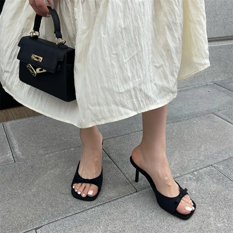 Elegant Butterfly-knot Satin Slip On Thin High Heel Sandal