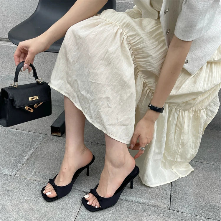 Elegant Butterfly-knot Satin Slip On Thin High Heel Sandal