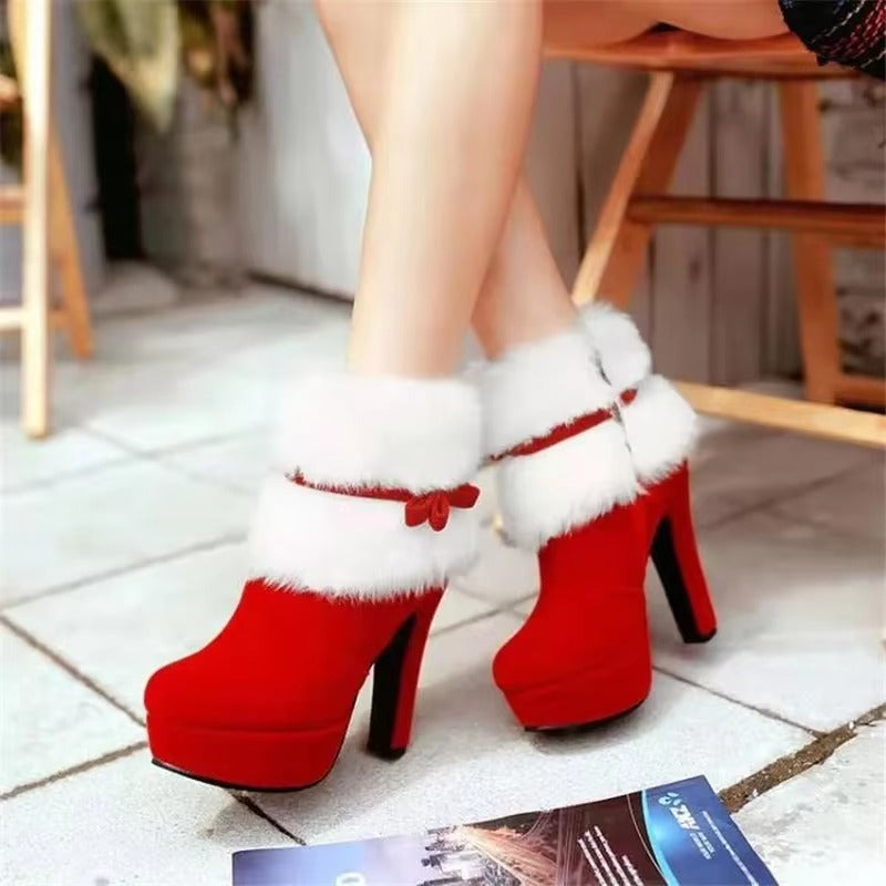 Elegant Christmas High Heels Platform Fur Short Ankle Boots
