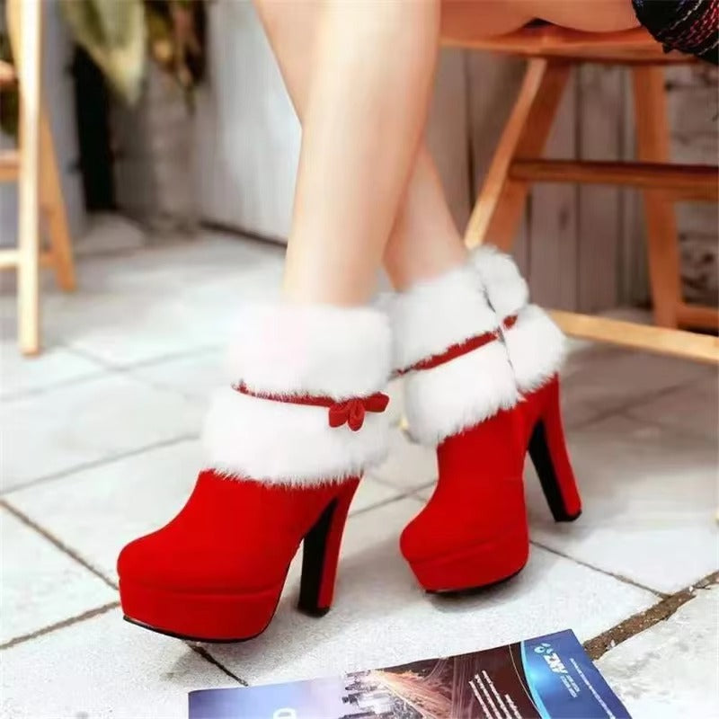 Elegant Christmas High Heels Platform Fur Short Ankle Boots