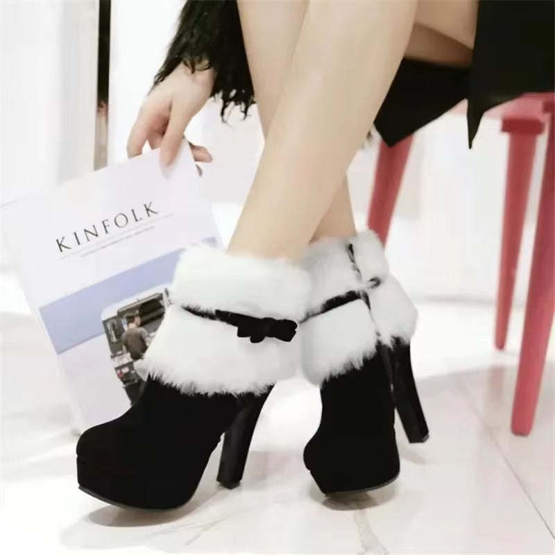 Elegant Christmas High Heels Platform Fur Short Ankle Boots