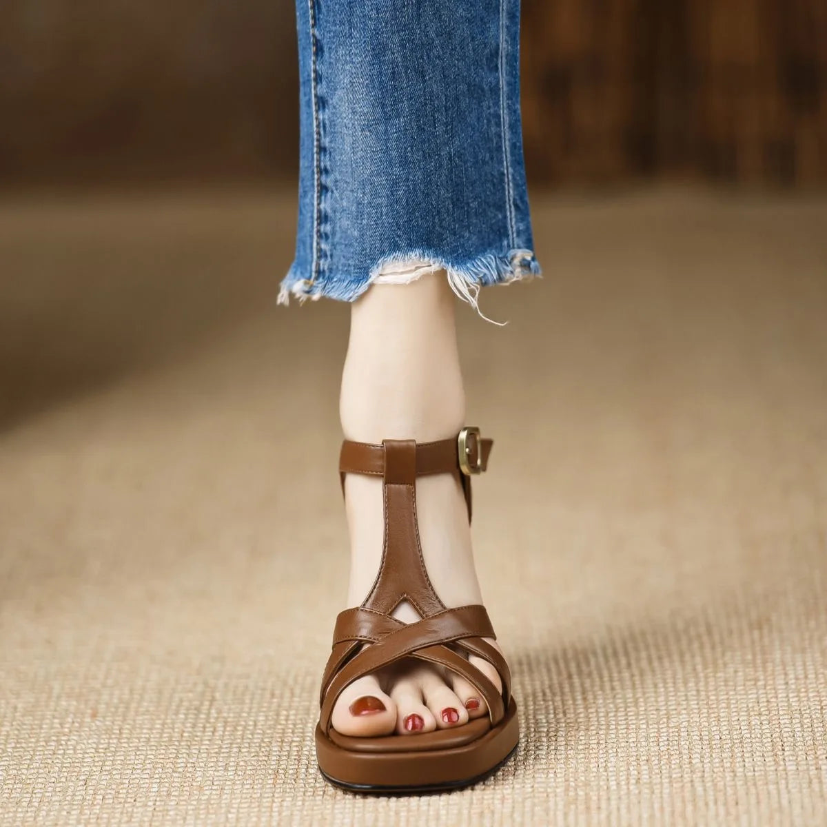 Elegant Chunky Leather Platform Sling-back Open Toe High Heels Sandals