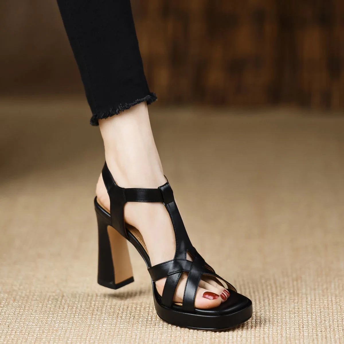 Elegant Chunky Leather Platform Sling-back Open Toe High Heels Sandals